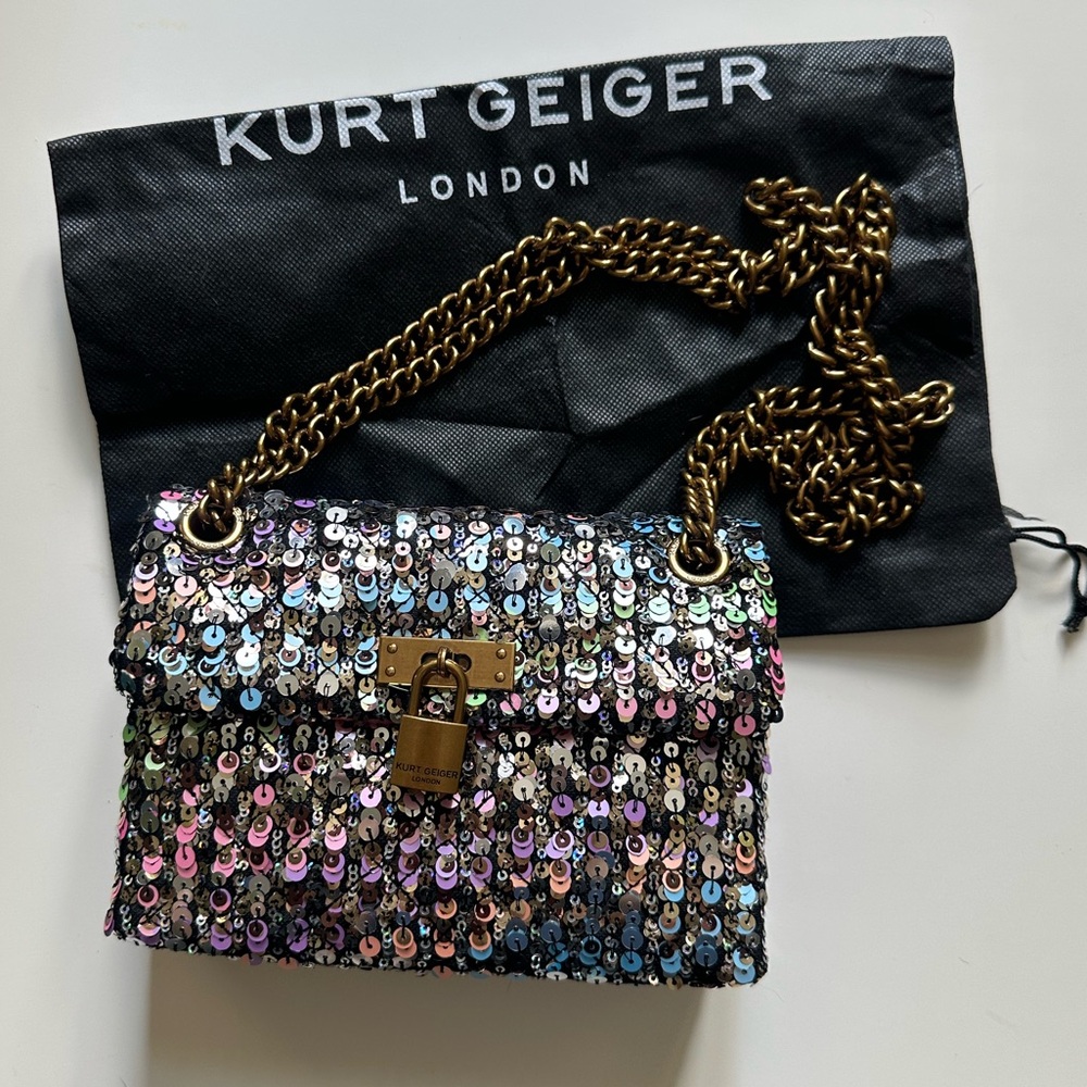 NWOT Kurt Geiger London sequin mini rainbow handbag The Brixton golden chain